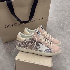Golden Goose Pink Suede Sneakers with Silver Glitter Star
